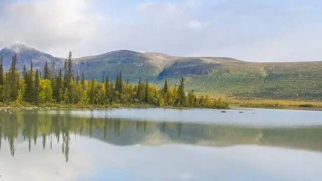 Fjällsjö omgiven av barrskog och berg i Norrbottens län