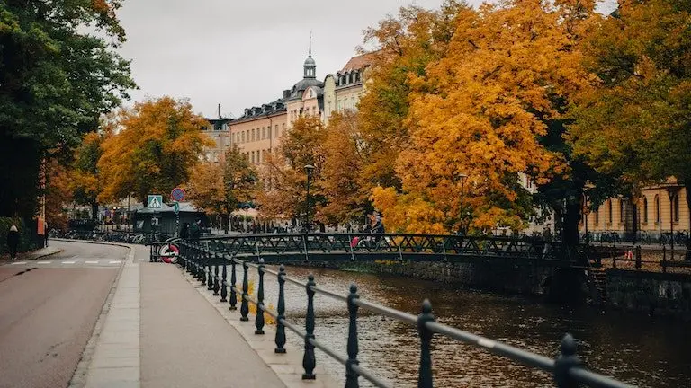 Fyrisån genom centrala Uppsala med höstfärgade träd